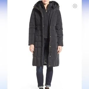 COLE HAAN Signature long line Women's Box-Quilt Down Coat With Bib Front Hood S